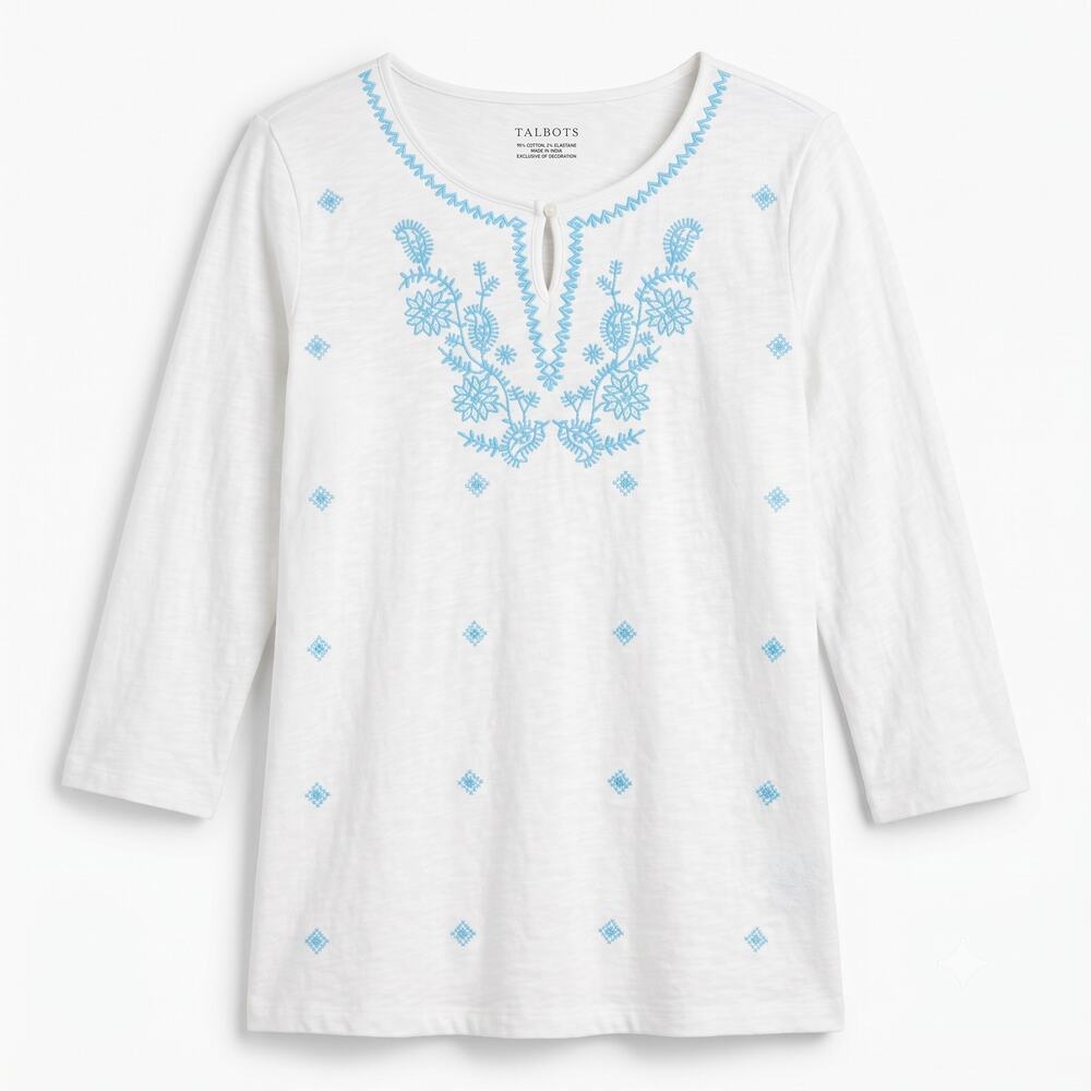 Talbots Womens L Coastal Preppy Boho Resortwear Embroidered Keyhole Tunic Top